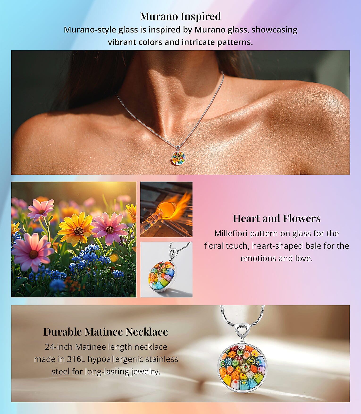 Multi Color Murano Style Pendant Necklace in Stainless Steel Banner