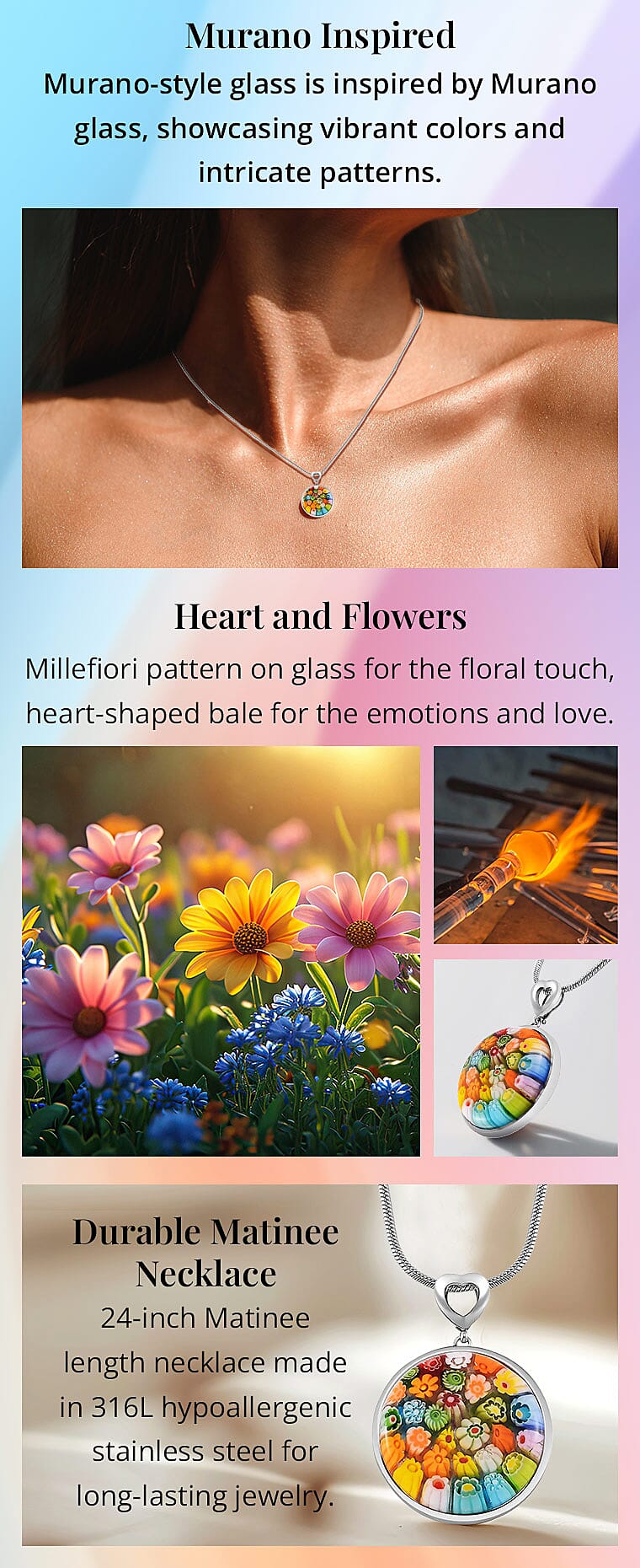 Multi Color Murano Style Pendant Necklace in Stainless Steel Banner