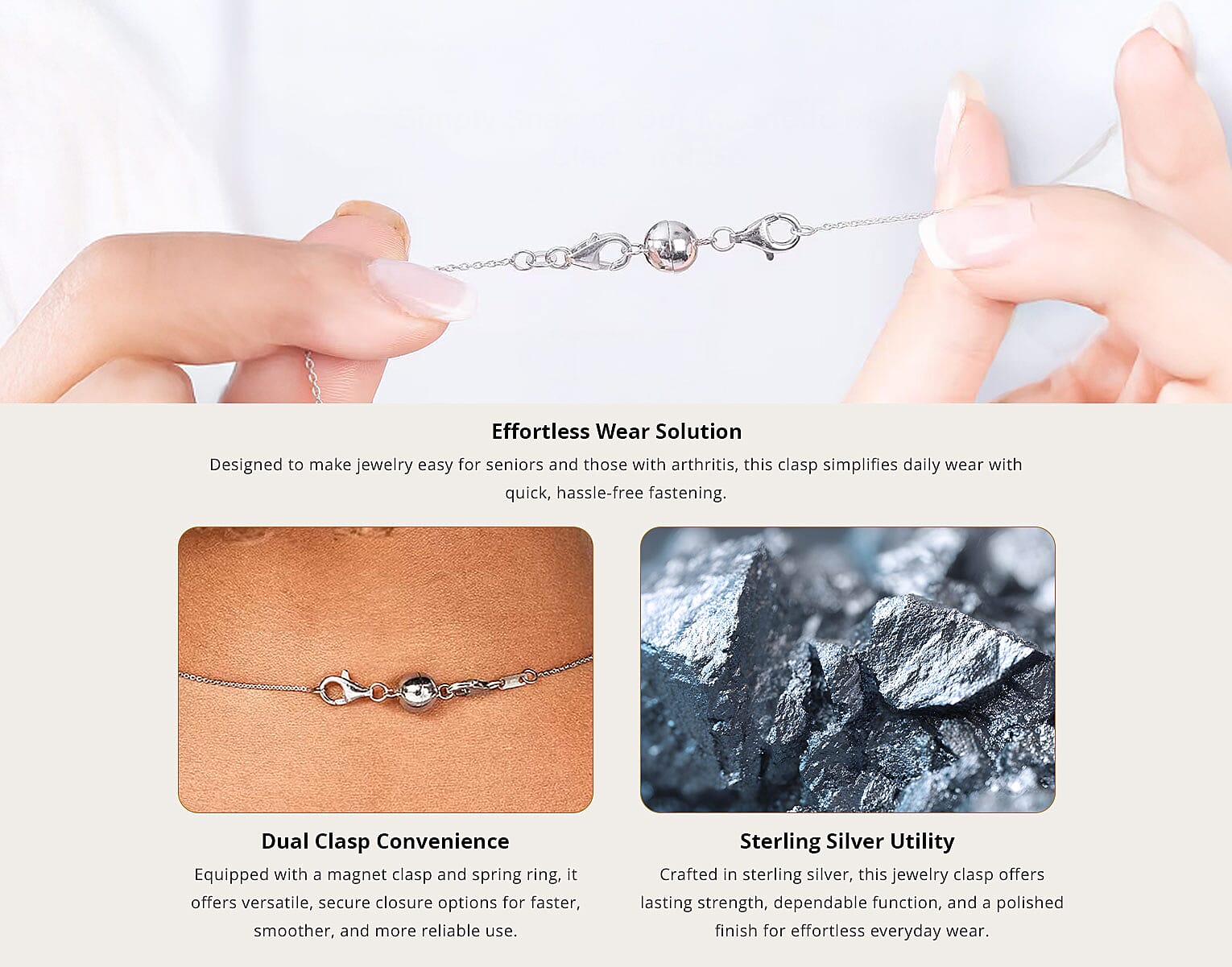 Set of 2 Rhodium Over Sterling Silver Magnetic Lock, Jewelry Lock with Lobster Clasp, Silver Jewelry Clasp, Round Magnetic Lock in Silver 2.50 Grams Banner