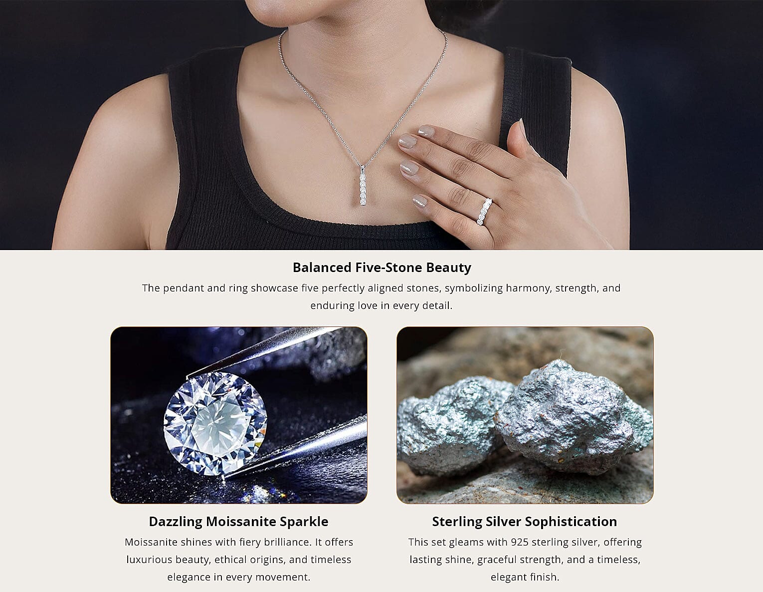 Moissanite 2.25 ctw 5 Stone Ring and Pendant in Rhodium Over Sterling Silver with Stainless Steel Necklace 20 Inches Banner