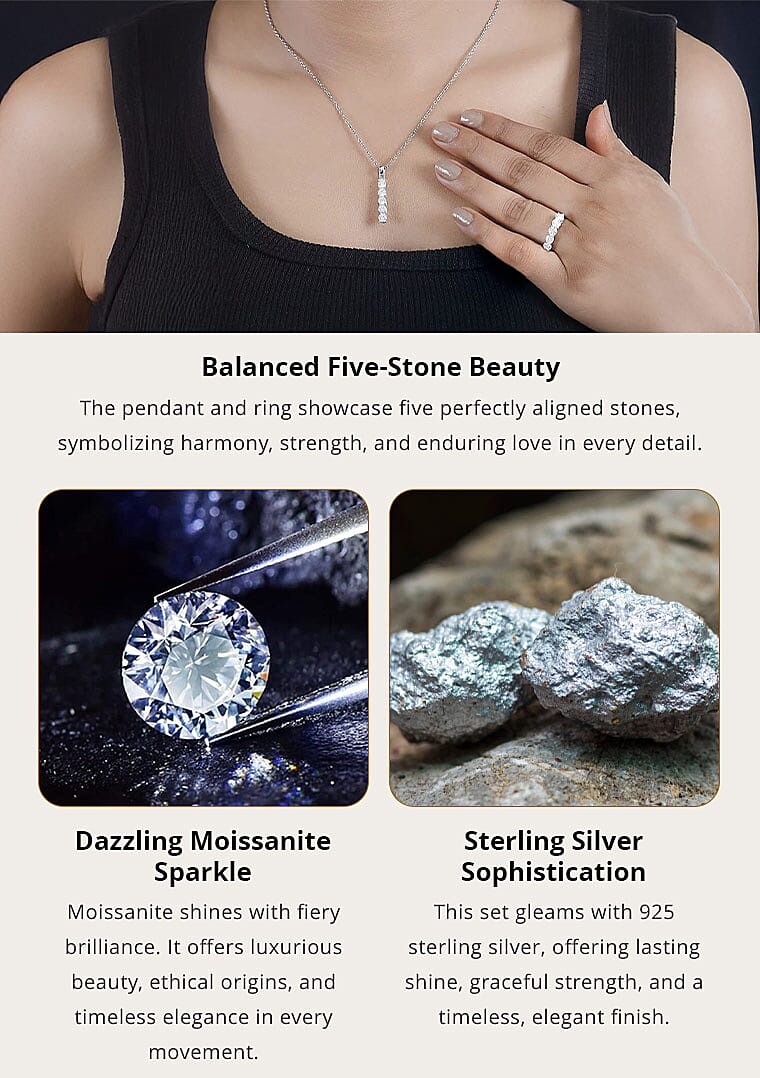 Moissanite 2.25 ctw 5 Stone Ring and Pendant in Rhodium Over Sterling Silver with Stainless Steel Necklace 20 Inches Banner