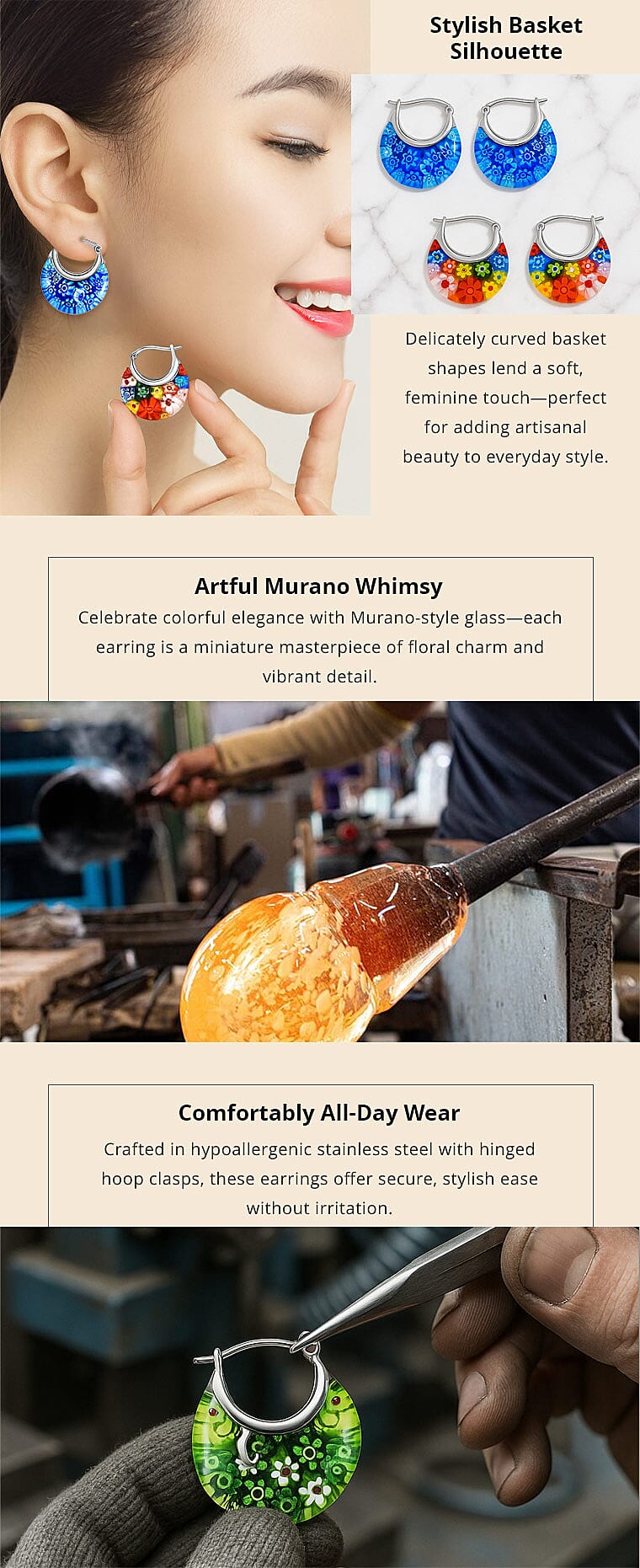 Set Of 2 Multi Color and Blue Color Murano Style Basket Earrings in Stainless Steel (Del. In 10-12 Days) Banner