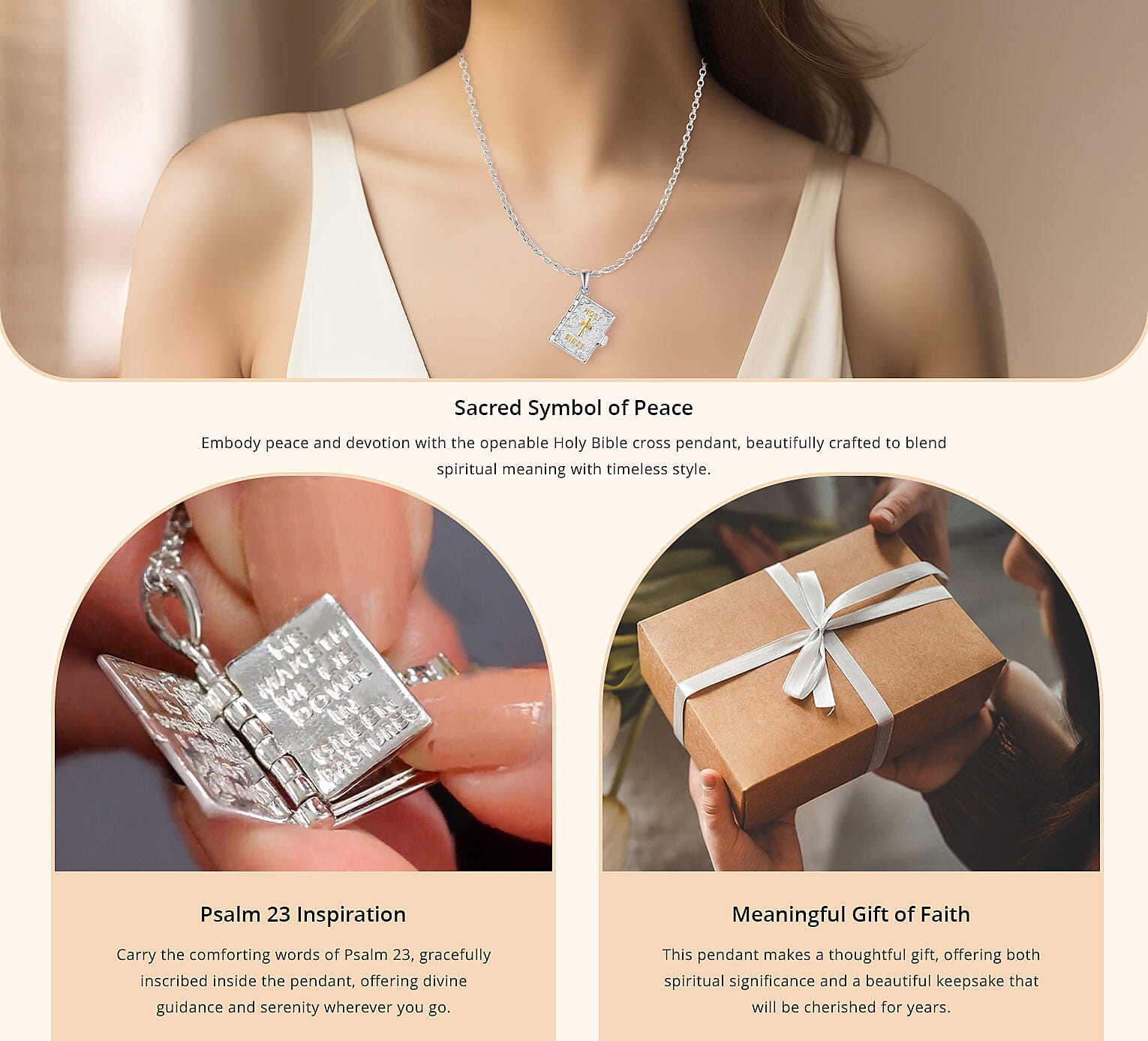 Holy Bible Cross Pendant in 18K YG Plated and Platinum Bond with Stainless Steel Necklace Banner