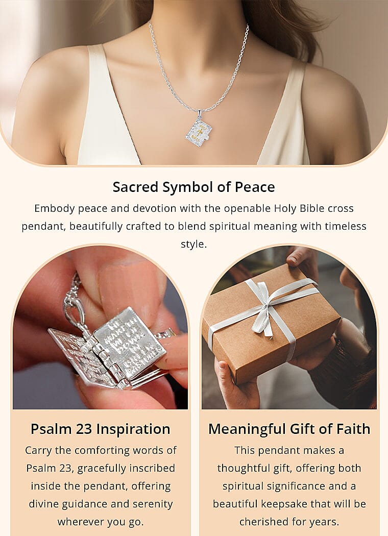 Holy Bible Cross Pendant in 18K YG Plated and Platinum Bond with Stainless Steel Necklace Banner