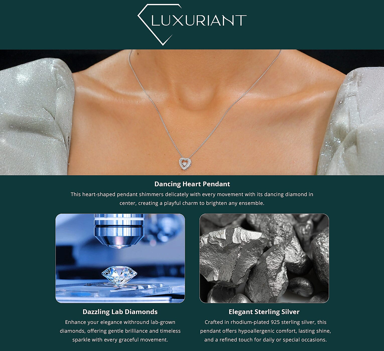 Luxuriant Lab Grown Diamond SI 0.20 ctw Heart Dancing Pendant Necklace in Rhodium Over Sterling Silver 20 Inches Banner