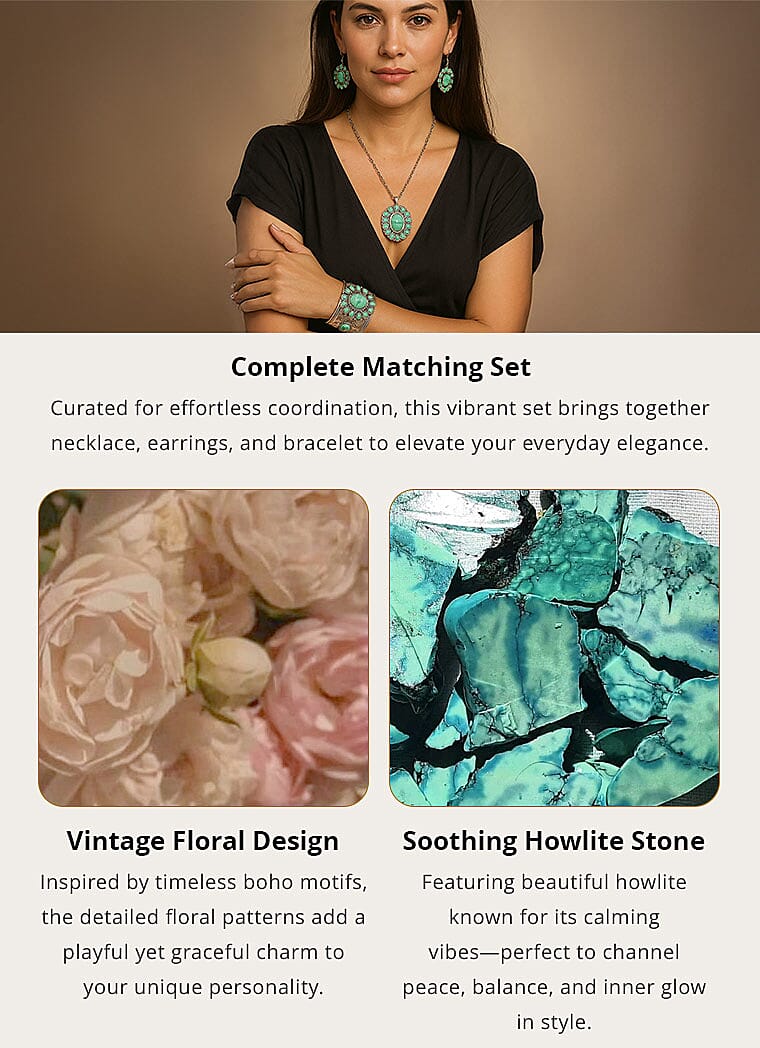 Set of 3 - Constituted Pink, White and Green Howlite 478.00 ctw Floral Cuff Bracelet Banner