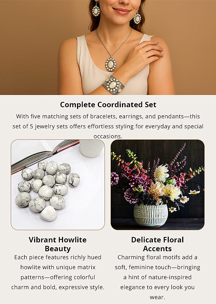 Set of 5 - Constituted Multi Color Howlite 836.00 ctw Floral Cuff Bracelet Banner