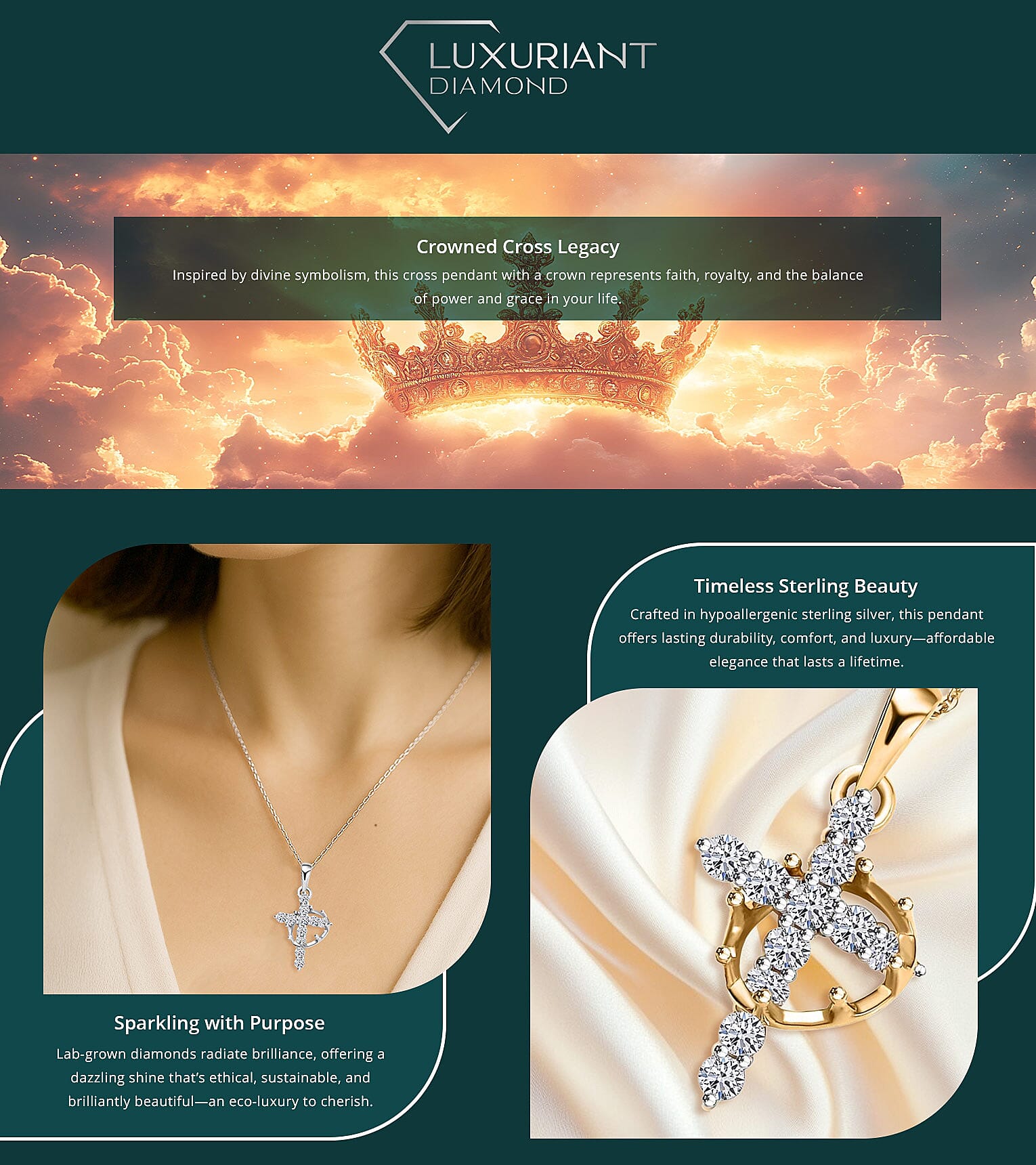 Luxuriant Lab Grown Diamond G-H SI 0.50 ctw Divine Cross Crown Pendant Necklace Banner