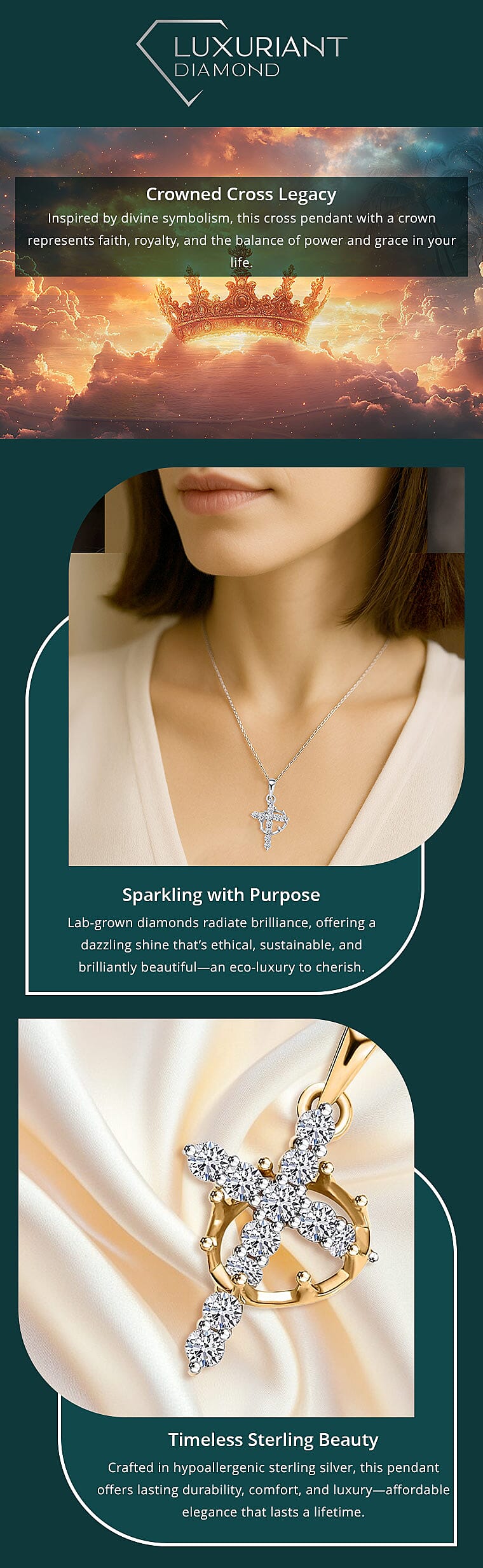 Luxuriant Lab Grown Diamond G-H SI 0.50 ctw Divine Cross Crown Pendant Necklace Banner