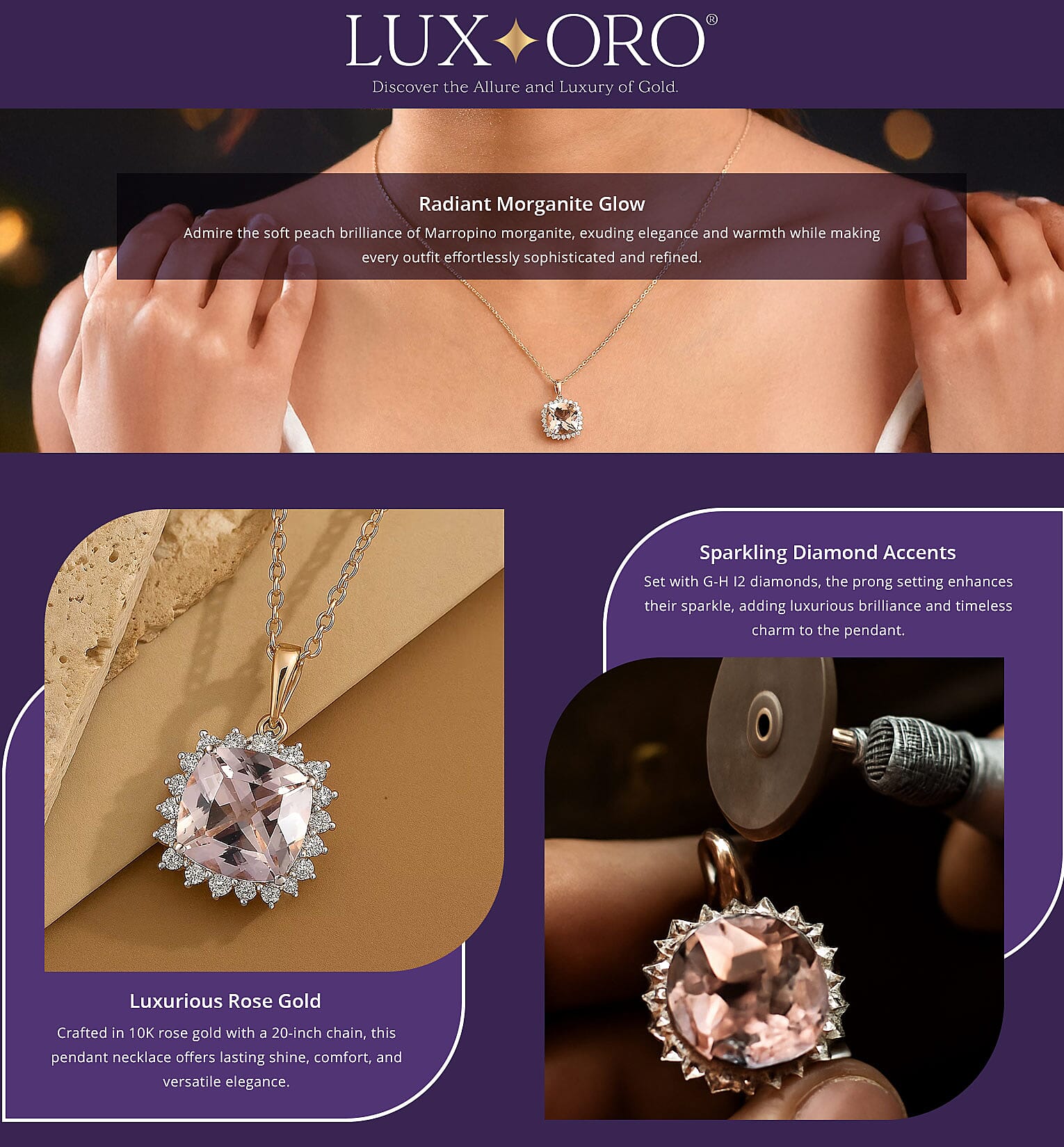 Certified & Appraised Luxoro AAA Marropino Morganite and G-H I2 Diamond 3.74 ctw Pendant Necklace in 10K Rose Gold 20 Inches (Del. in 10-15 Days) Banner