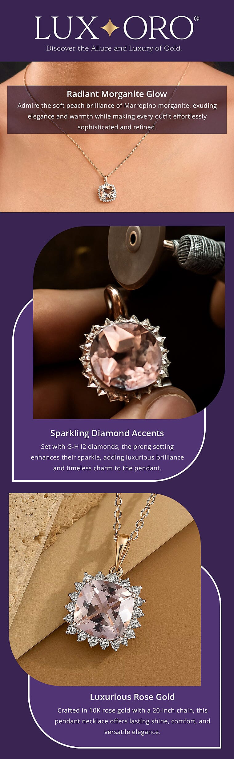 Certified & Appraised Luxoro AAA Marropino Morganite and G-H I2 Diamond 3.74 ctw Pendant Necklace in 10K Rose Gold 20 Inches (Del. in 10-15 Days) Banner