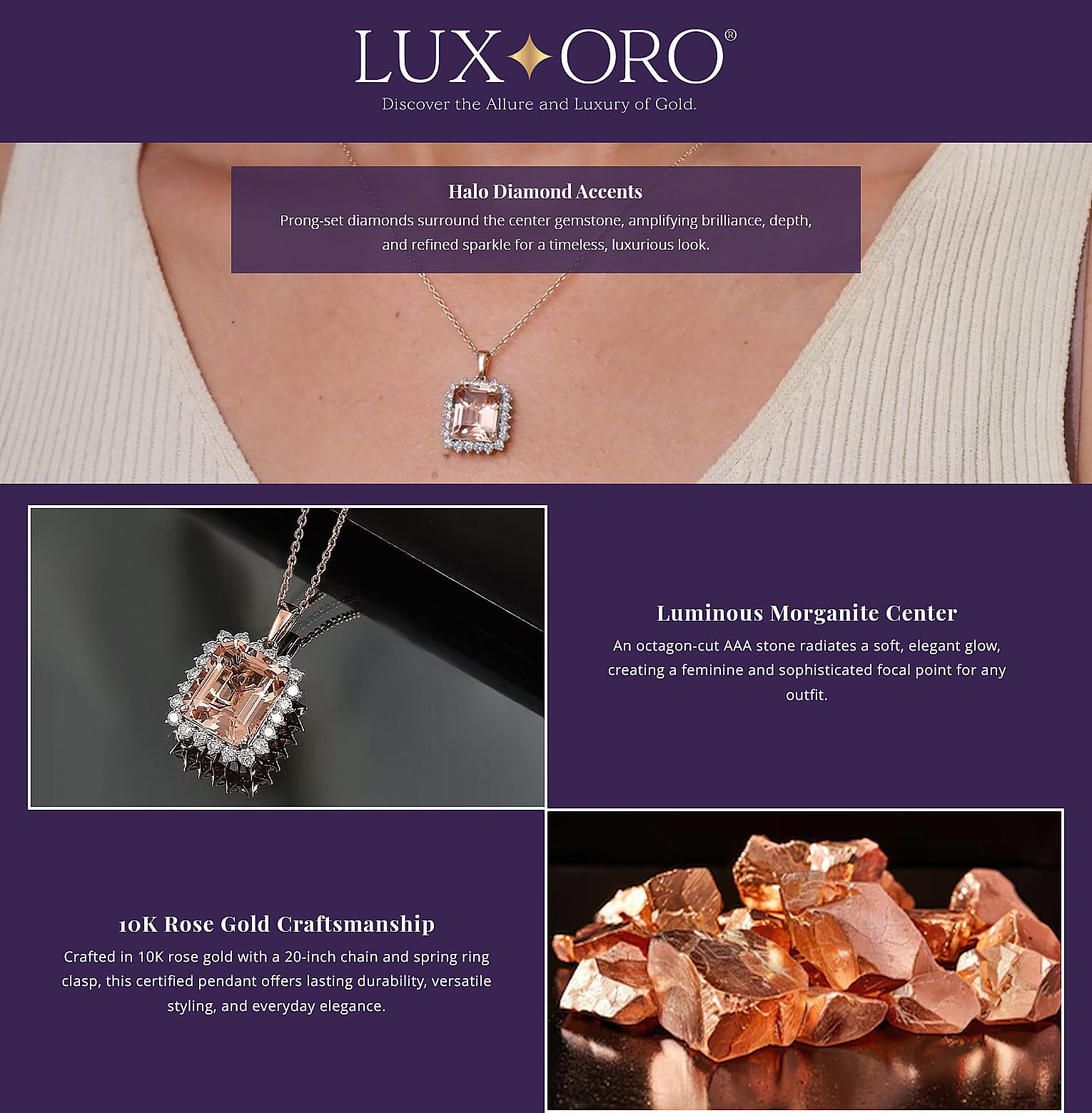 Certified & Appraised Luxoro AAA Marropino Morganite and G-H I2 Diamond 6.43 ctw Pendant Necklace in 10K Rose Gold 20 Inches (Del. in 10-15 Days) Banner