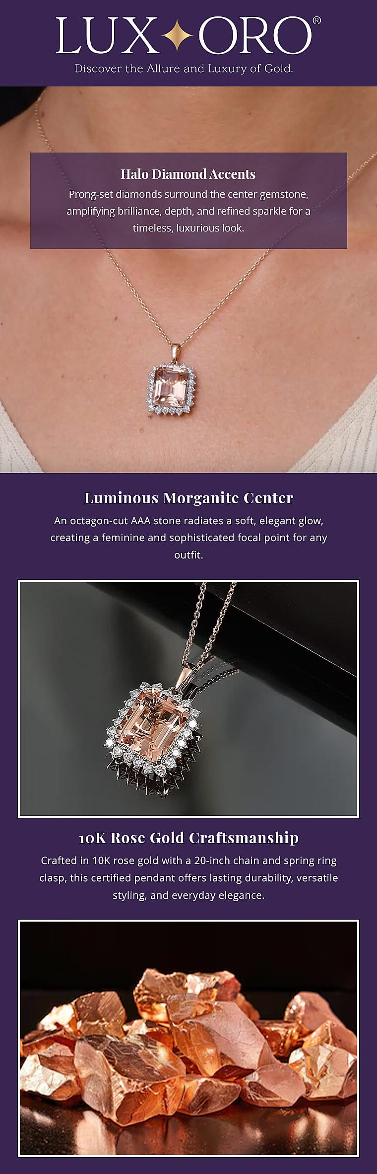 Certified & Appraised Luxoro AAA Marropino Morganite and G-H I2 Diamond 6.43 ctw Pendant Necklace in 10K Rose Gold 20 Inches (Del. in 10-15 Days) Banner
