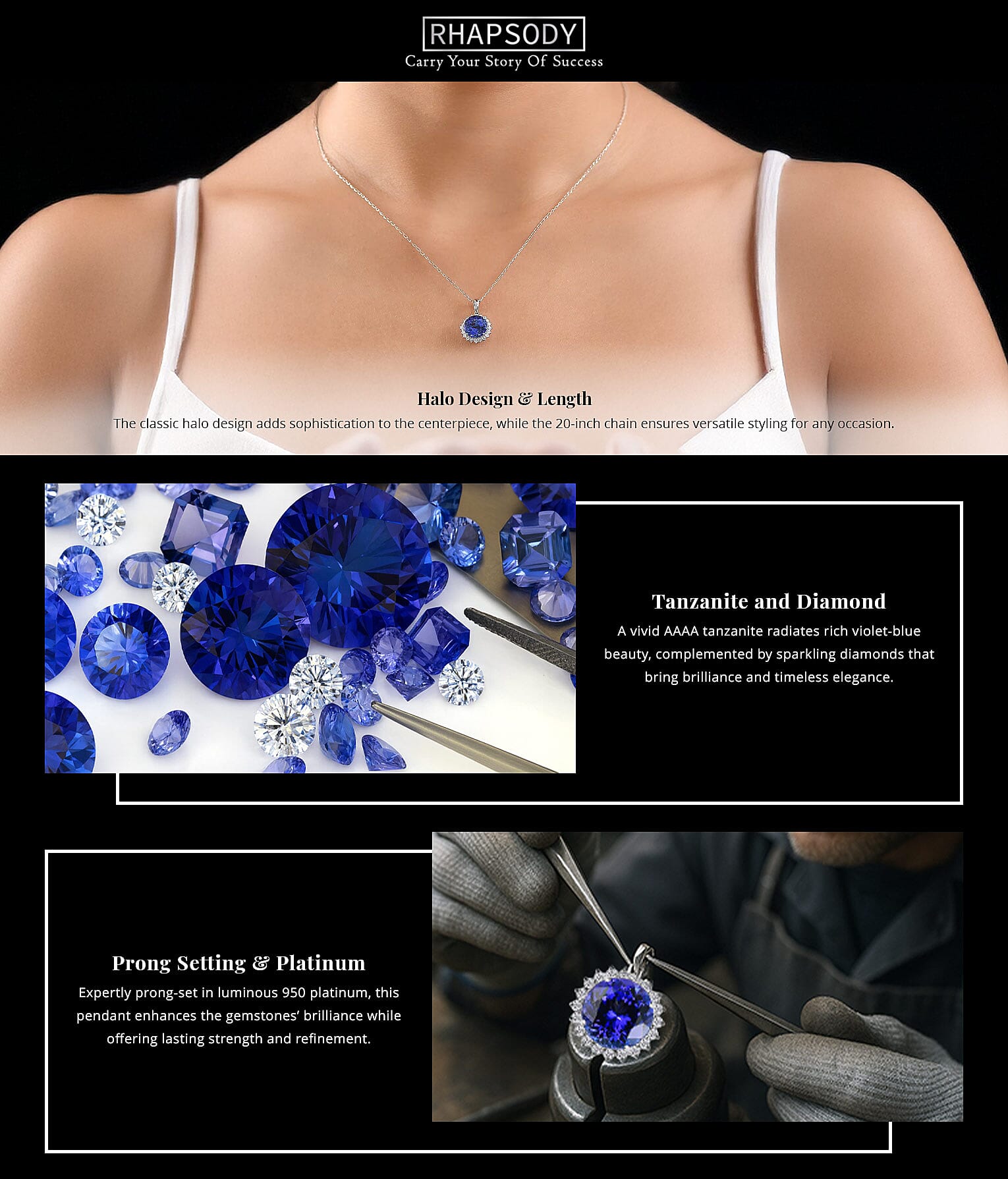 Certified & Appraised Rhapsody AAAA Tanzanite and E-F VS Diamond 3.50 ctw Pendant Necklace in 950 Platinum 20 Inches Banner