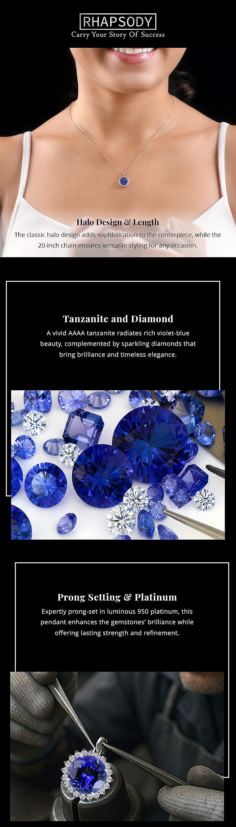 Certified & Appraised Rhapsody AAAA Tanzanite and E-F VS Diamond 3.50 ctw Pendant Necklace in 950 Platinum 20 Inches Banner