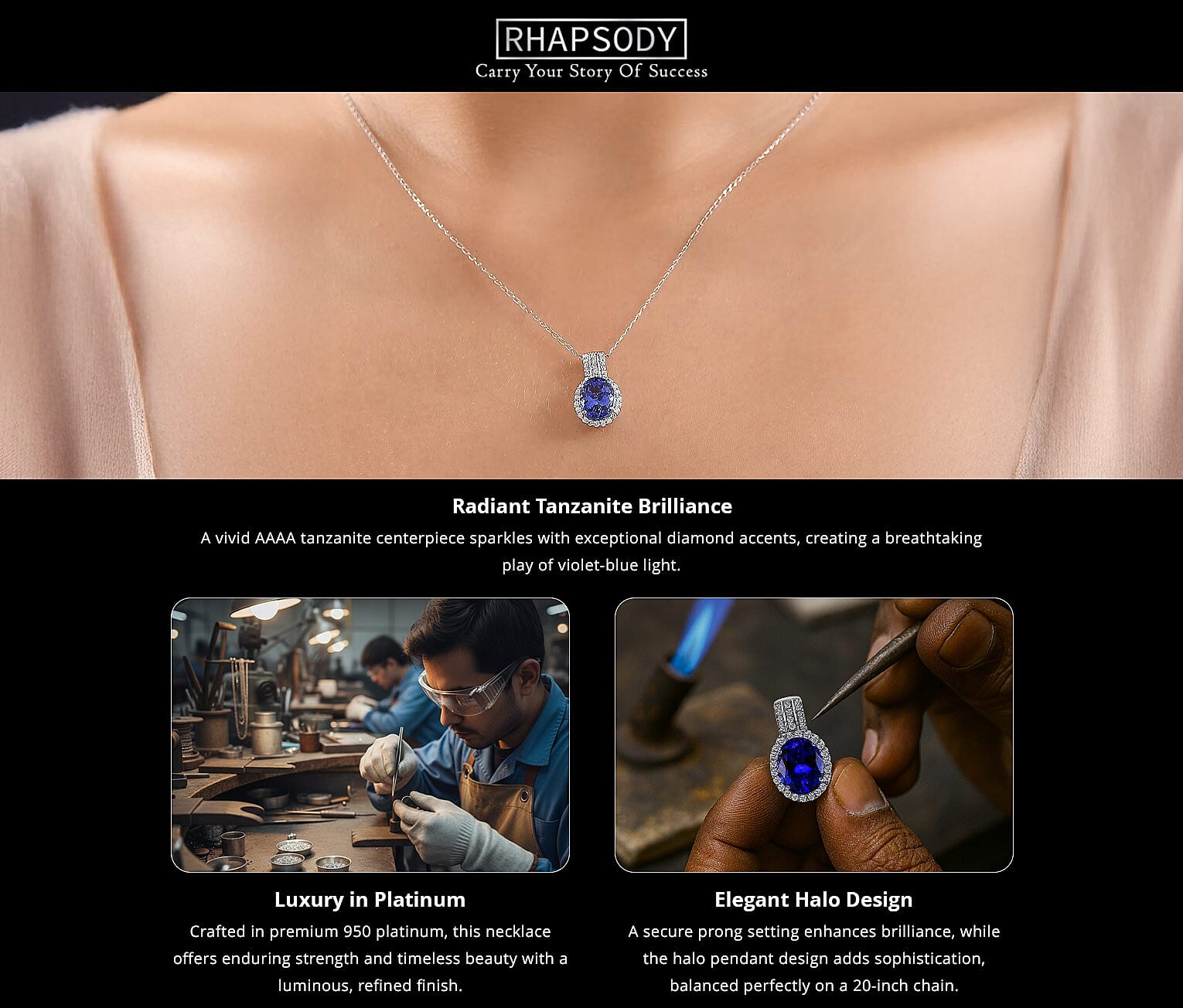 Certified & Appraised Rhapsody AAAA Tanzanite and E-F VS Diamond 3.92 ctw Pendant Necklace in 950 Platinum 20 Inches Banner