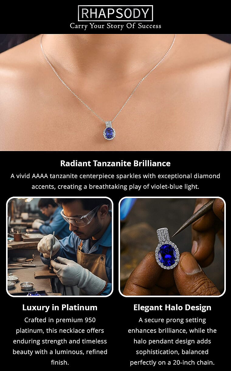 Certified & Appraised Rhapsody AAAA Tanzanite and E-F VS Diamond 3.92 ctw Pendant Necklace in 950 Platinum 20 Inches Banner