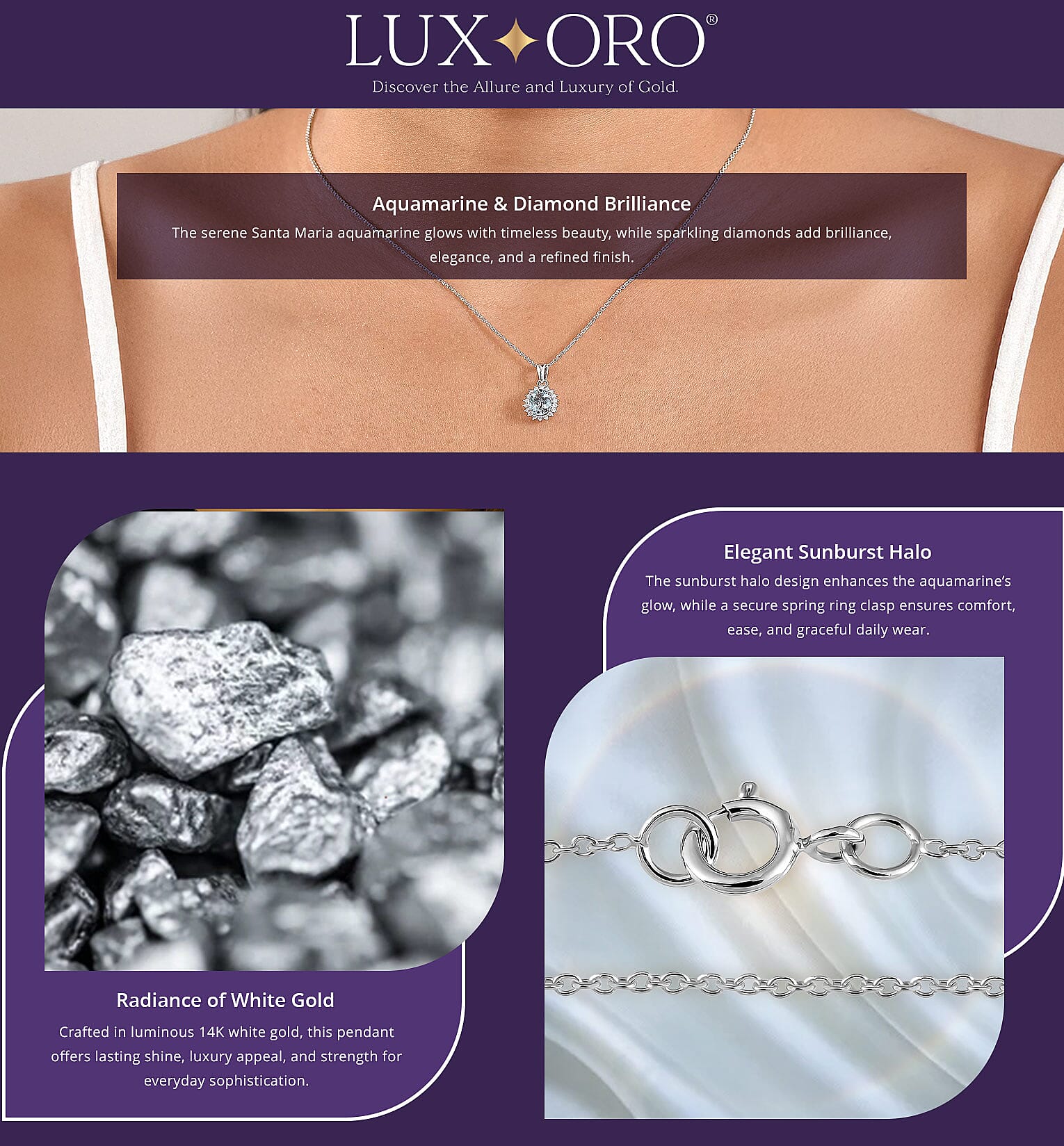 Certified & Appraised Luxoro AAA Santa Maria Aquamarine and G-H I2 Diamond 1.17 ctw Pendant Necklace in 14K White Gold 20 Inches Banner