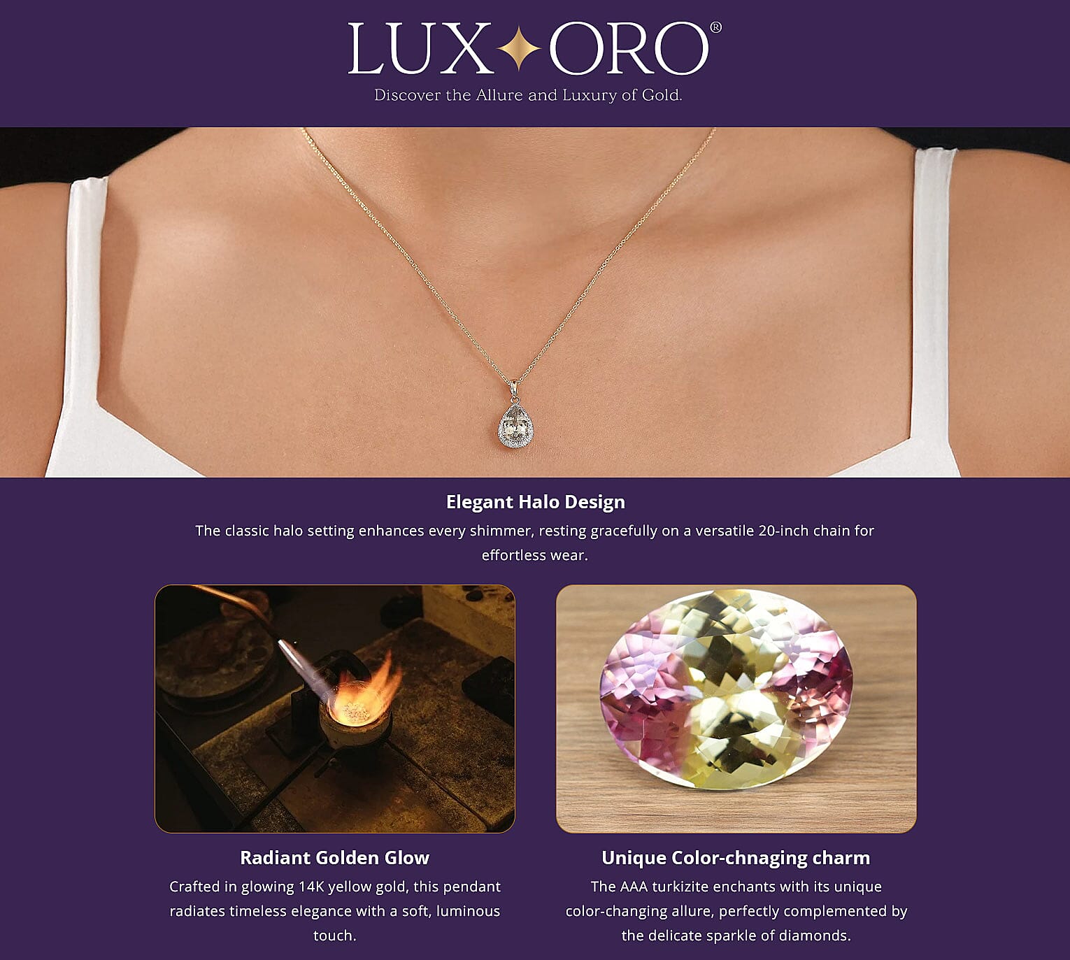 Certified & Appraised Luxoro AAA Turkizite and G-H I2 Diamond 2.57 ctw Pendant Necklace in 14K Yellow Gold 20 Inches Banner