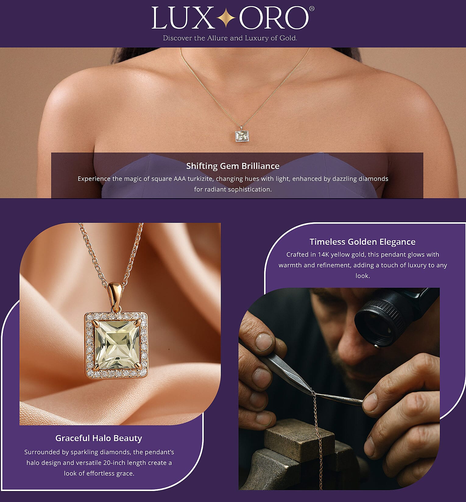 Certified & Appraised Luxoro AAA Turkizite and G-H I2 Diamond 4.88 ctw Pendant Necklace in 14K Yellow Gold 20 Inches Banner