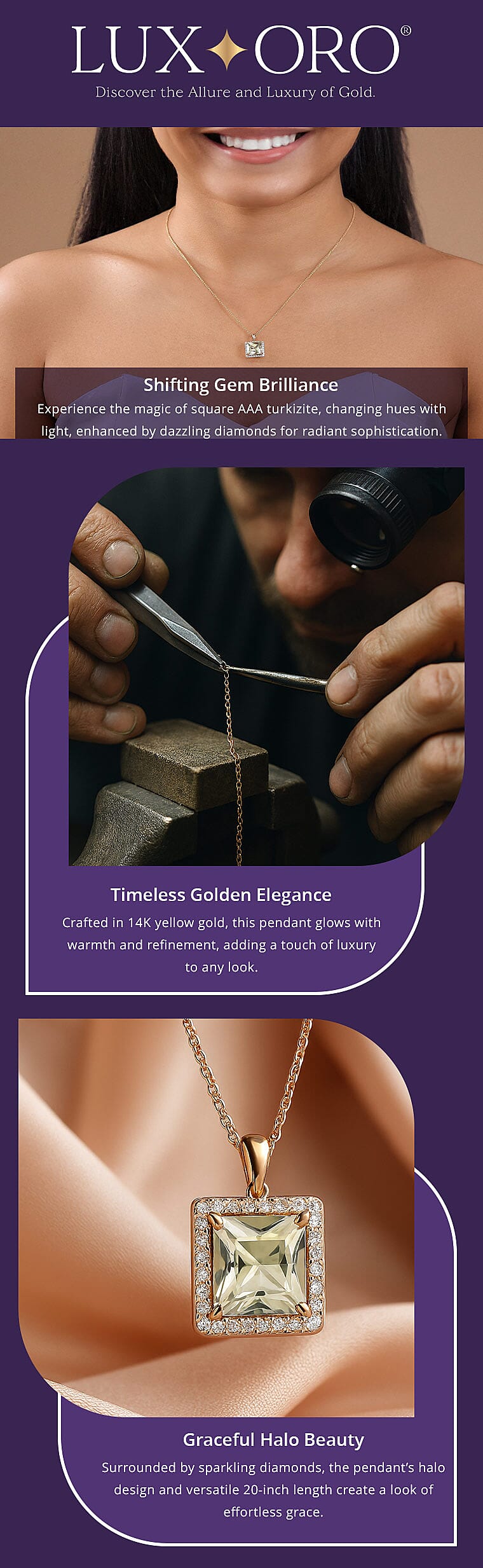 Certified & Appraised Luxoro AAA Turkizite and G-H I2 Diamond 4.88 ctw Pendant Necklace in 14K Yellow Gold 20 Inches Banner