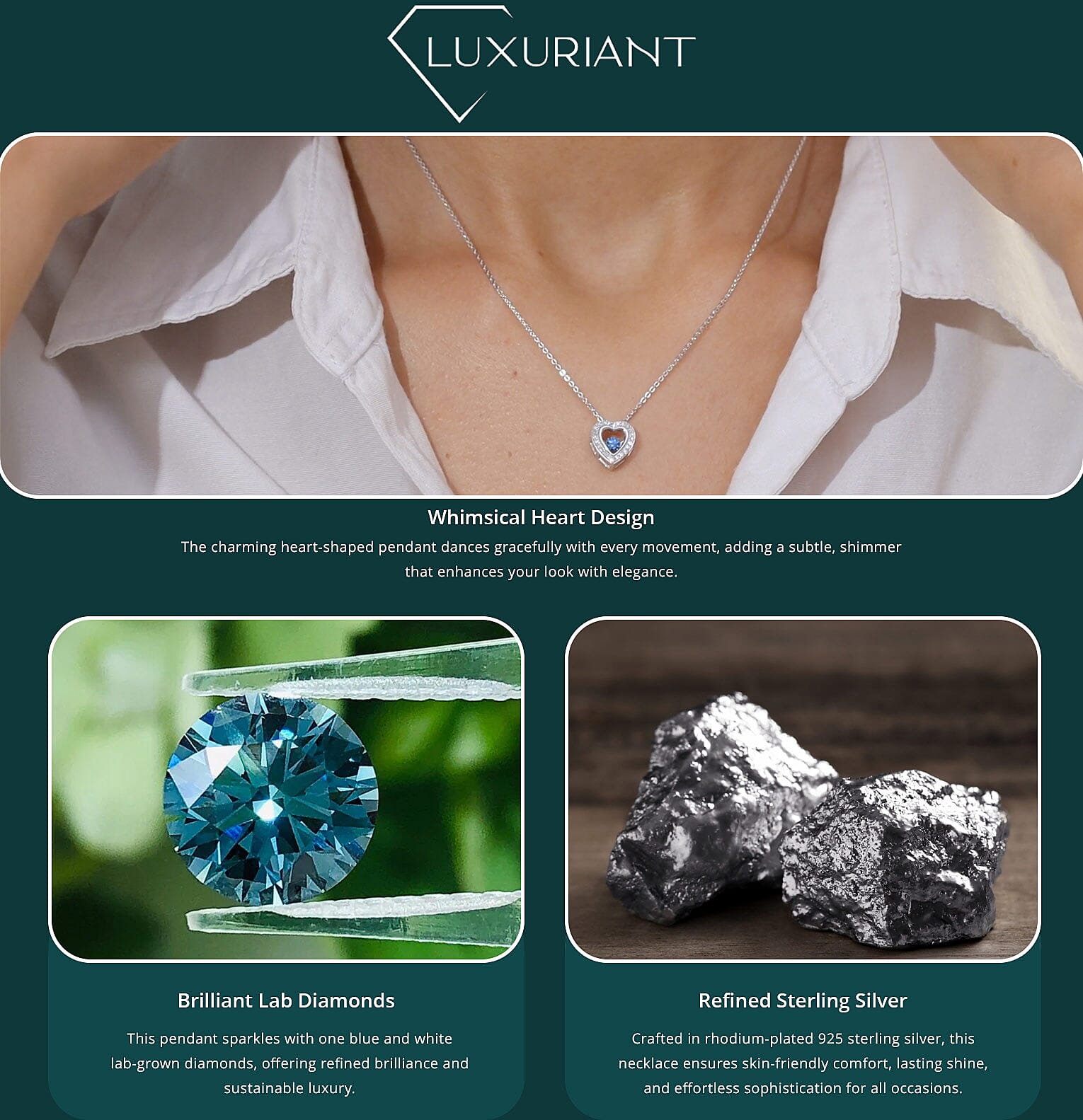 Luxuriant Lab Grown Blue Diamond (IR) (SI) and Lab Grown Diamond 0.25 ctw Dancing Heart Pendant Necklace in Rhodium Over Sterling Silver 20 Inches Banner