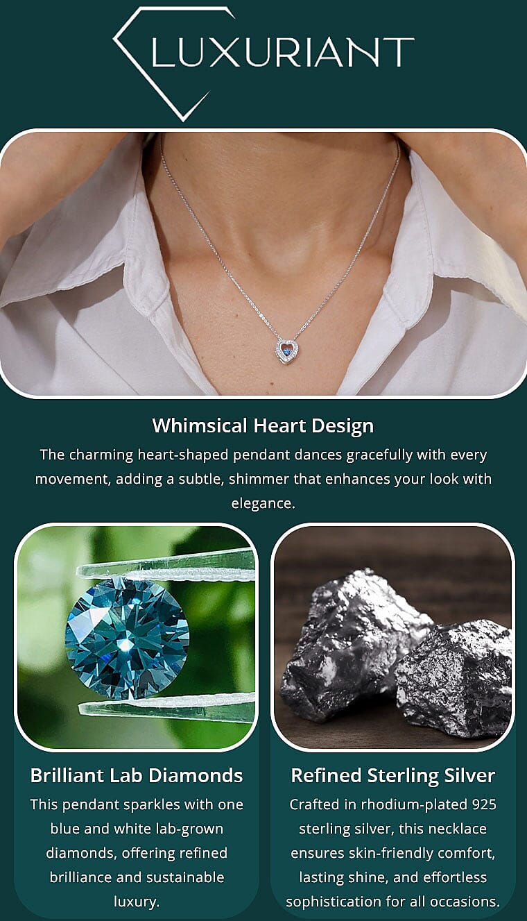 Luxuriant Lab Grown Blue Diamond (IR) (SI) and Lab Grown Diamond 0.25 ctw Dancing Heart Pendant Necklace in Rhodium Over Sterling Silver 20 Inches Banner