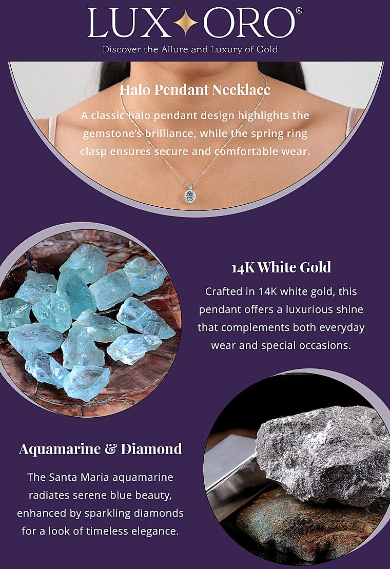 Certified & Appraised Luxoro AAA Santa Maria Aquamarine and G-H I2 Diamond 1.28 ctw Pendant Necklace in 14K White Gold 20 Inches Banner