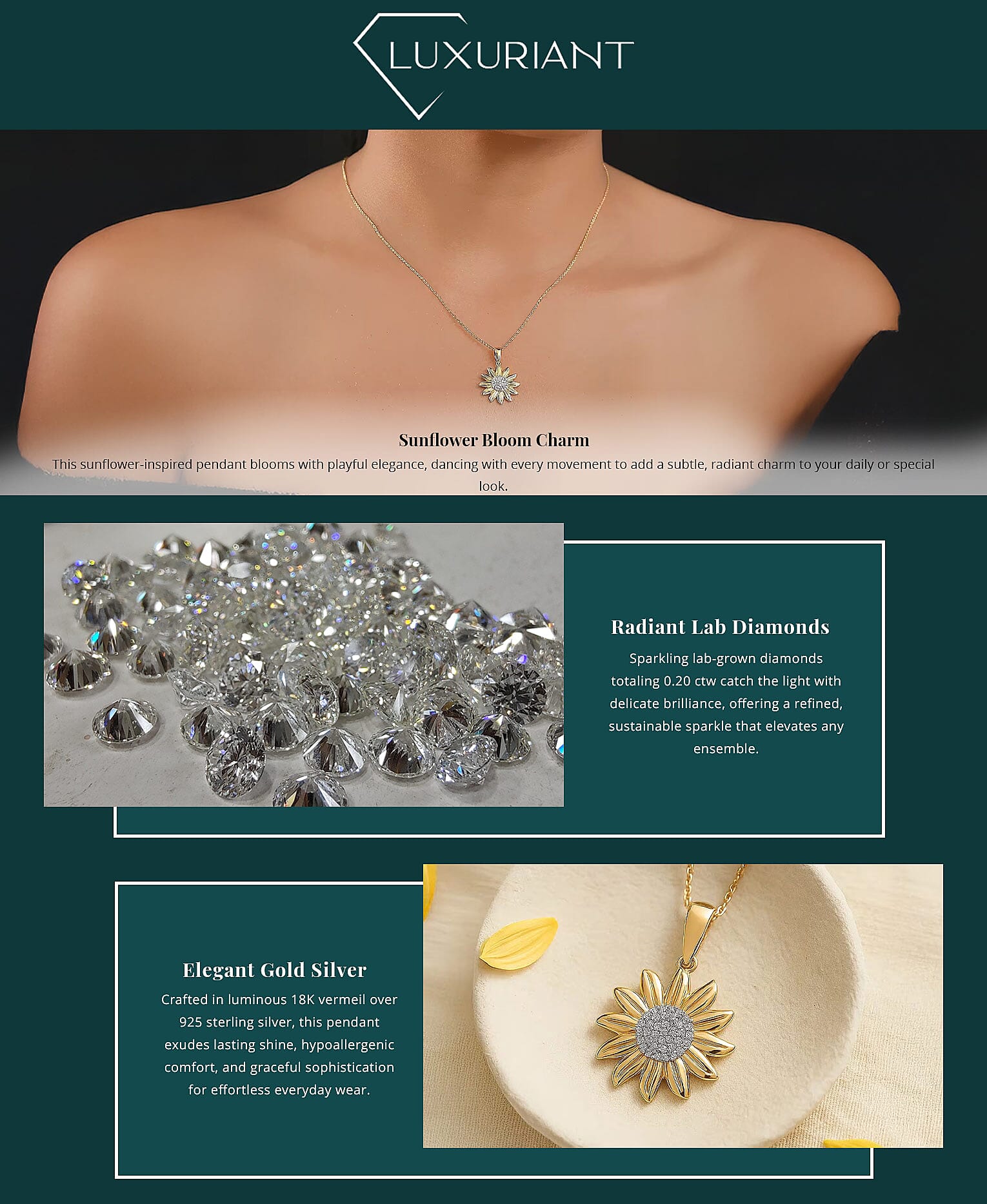 Luxuriant Lab Grown Diamond G-H SI 0.20 ctw Sunflower Bloom Pendant Necklace 20 Inches in 18K Vermeil Yellow Gold Over Sterling Silver Banner