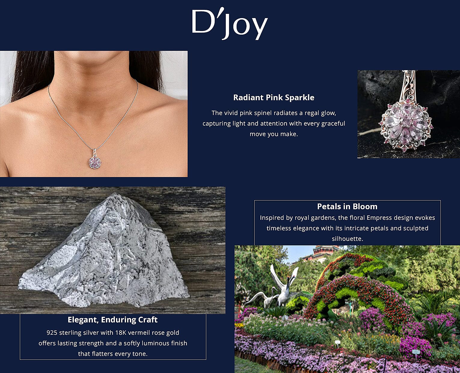 D'Joy Narsipatnam Pink Spinel 1.90 ctw Floral Empress Pendant Necklace in 18K Vermeil RG and Rhodium Over Sterling Silver 20 Inches Banner