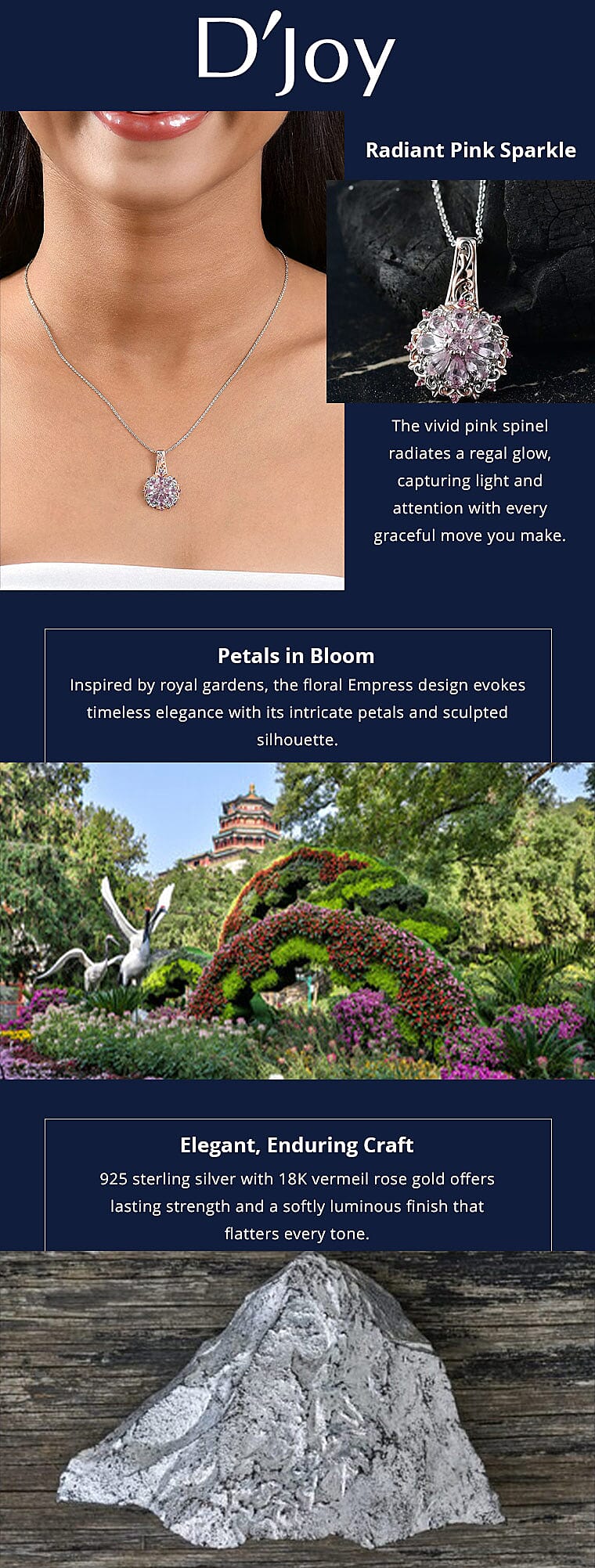 D'Joy Narsipatnam Pink Spinel 1.90 ctw Floral Empress Pendant Necklace in 18K Vermeil RG and Rhodium Over Sterling Silver 20 Inches Banner