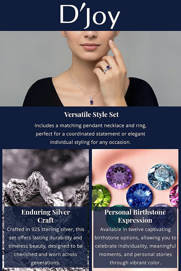 D'Joy African Amethyst, White Zircon Ring , Pendant Necklace (20 Inches) in Rhodium Over Sterling Silver 1.90 ctw Banner