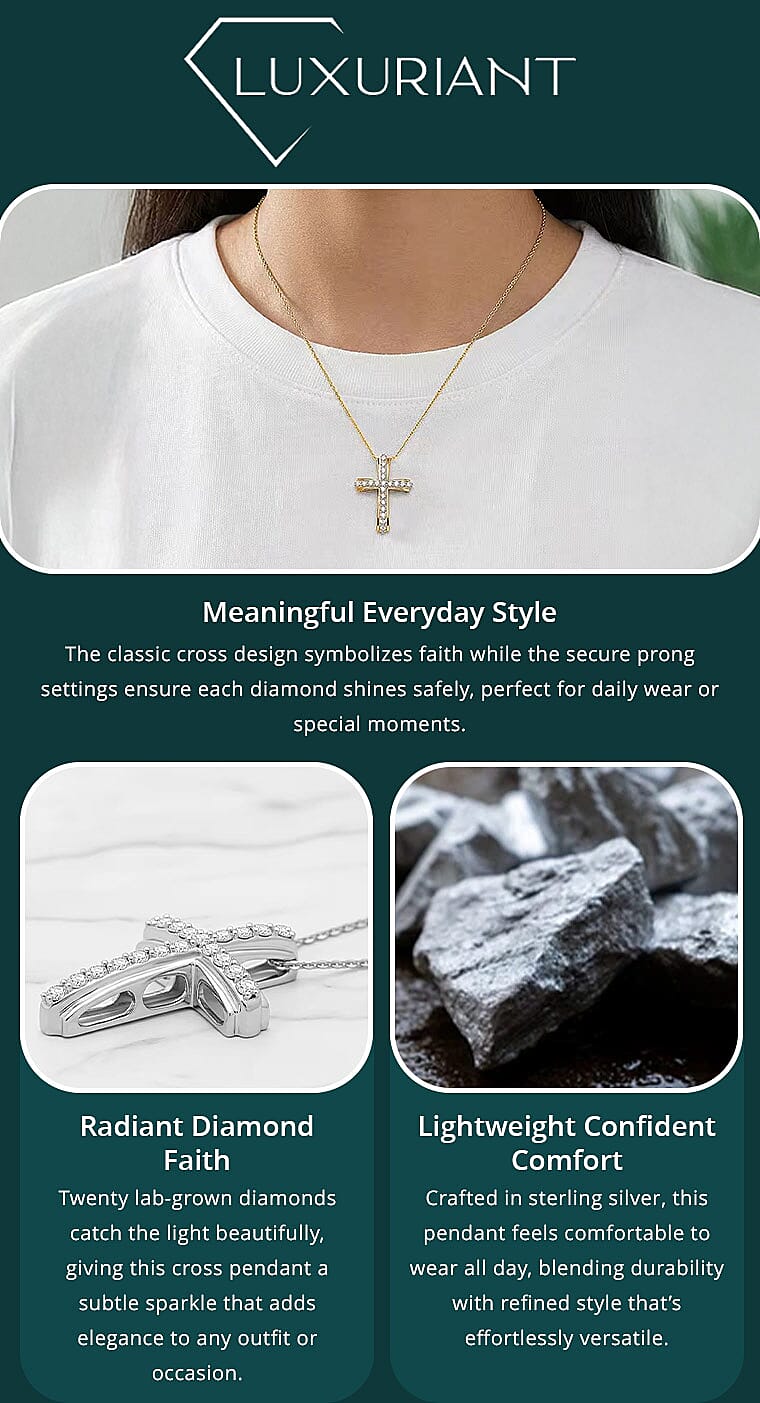 Luxuriant Lab Grown Diamond G-H SI 0.50 ctw Timeless Cross Pendant Necklace in Vermeil Yellow Gold Over Sterling Silver 20 Inches Banner