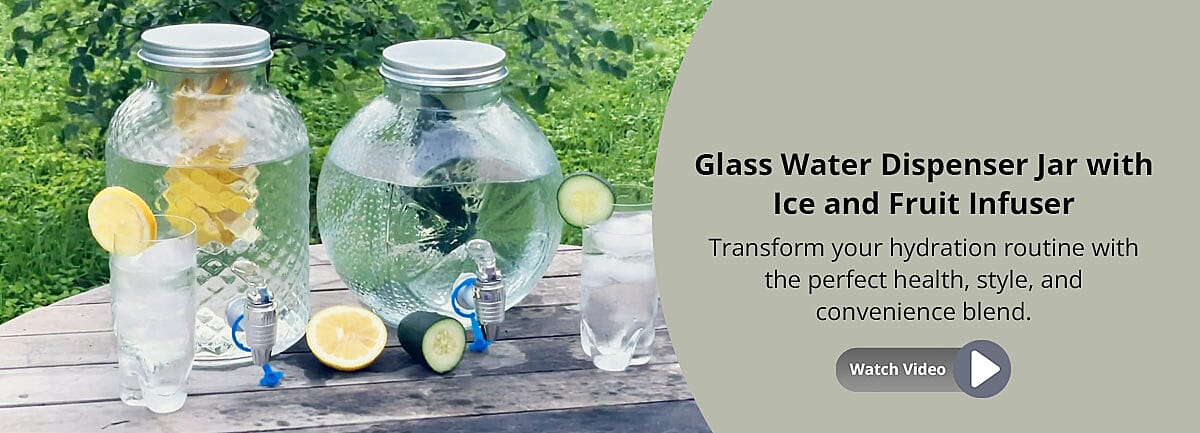 Glass Water Dispenser Jar with Ice and Fruit Infuser Banner