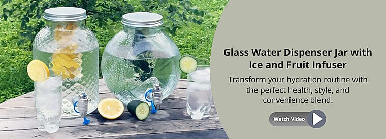 Glass Water Dispenser Jar with Ice and Fruit Infuser Banner