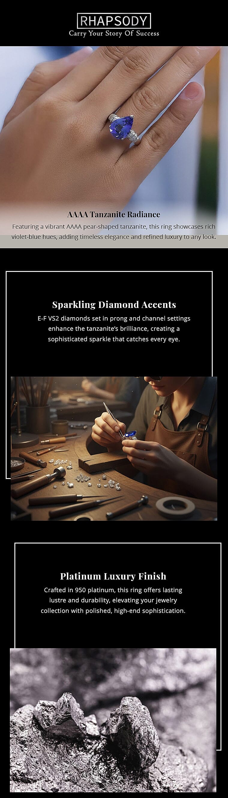 Rhapsody 950 Platinum AAAA Tanzanite and Diamond Ring , Tanzanite Ring, Diamond Accents, Platinum Ring 9.50 Grams 6.10 ctw Banner