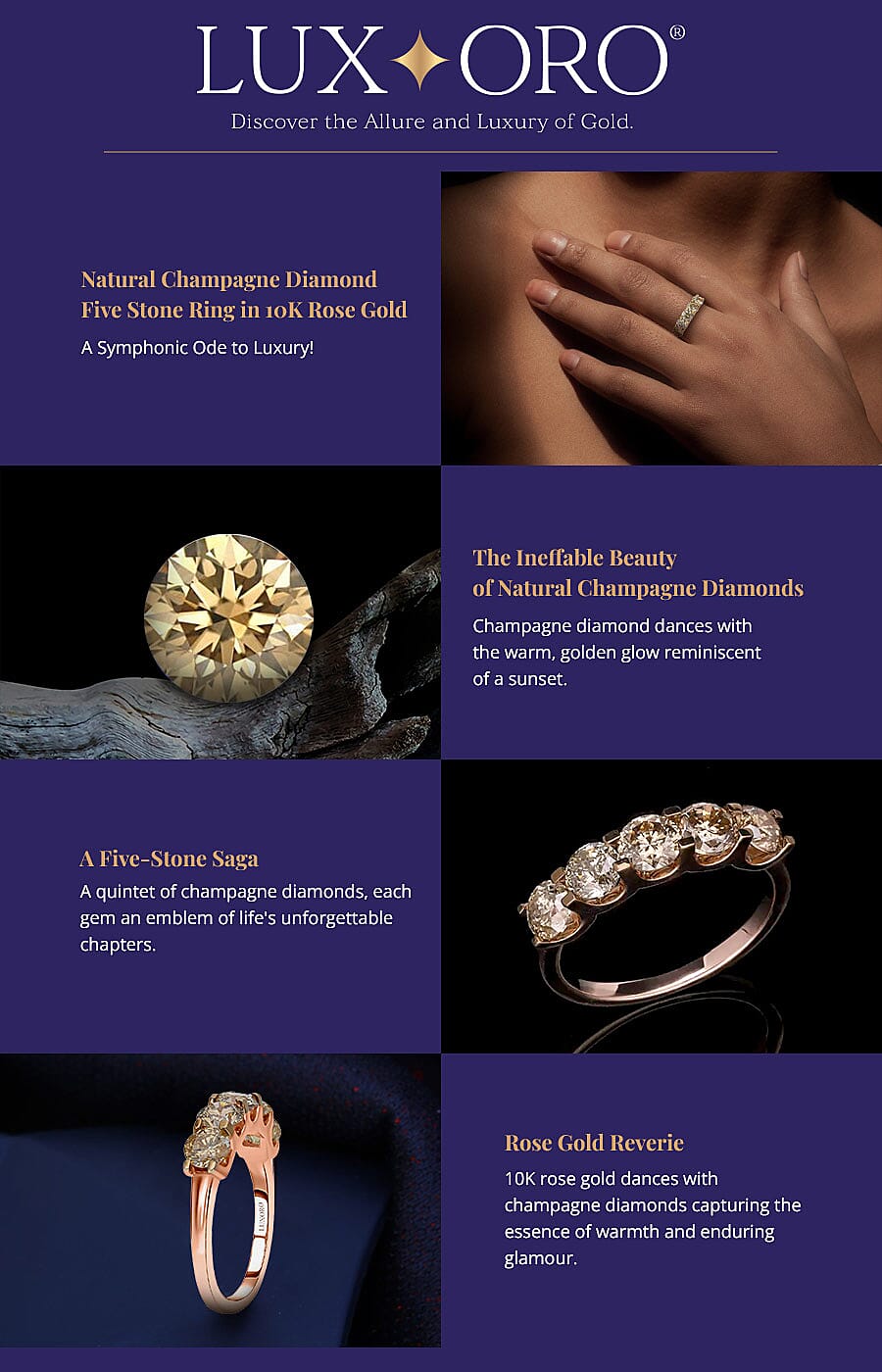 Luxoro Natural Champagne Diamond 5 Stone Ring in 10K Rose Gold Banner