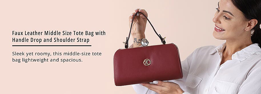 Faux Leather Middle Size Tote Bag with Handle Drop and Shoulder Strap Banner