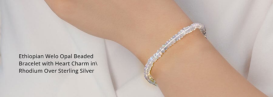Ethiopian Welo Opal Beaded Bracelet with Heart Charm in Rhodium Over Sterling Silver Banner