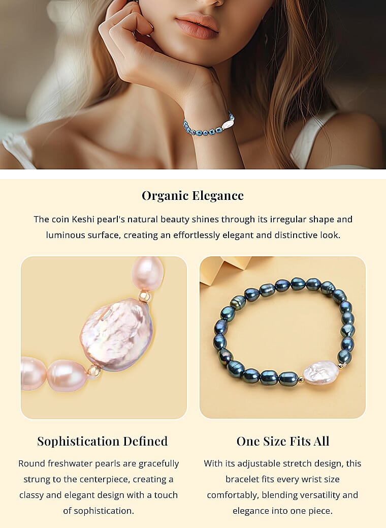 Coin Keshi Pearl and Golden Freshwater Cultured Pearl Stretch Bracelet in Sterling SilverBanner