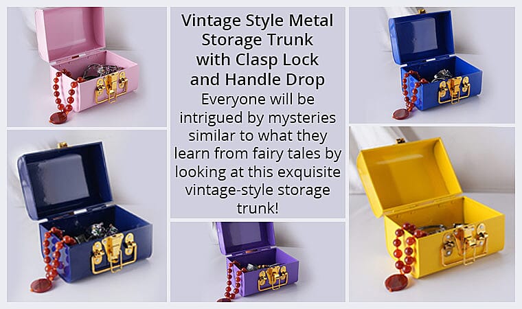 Vintage Style Metal Storage Trunk with Clasp Lock and Handle Drop Banner