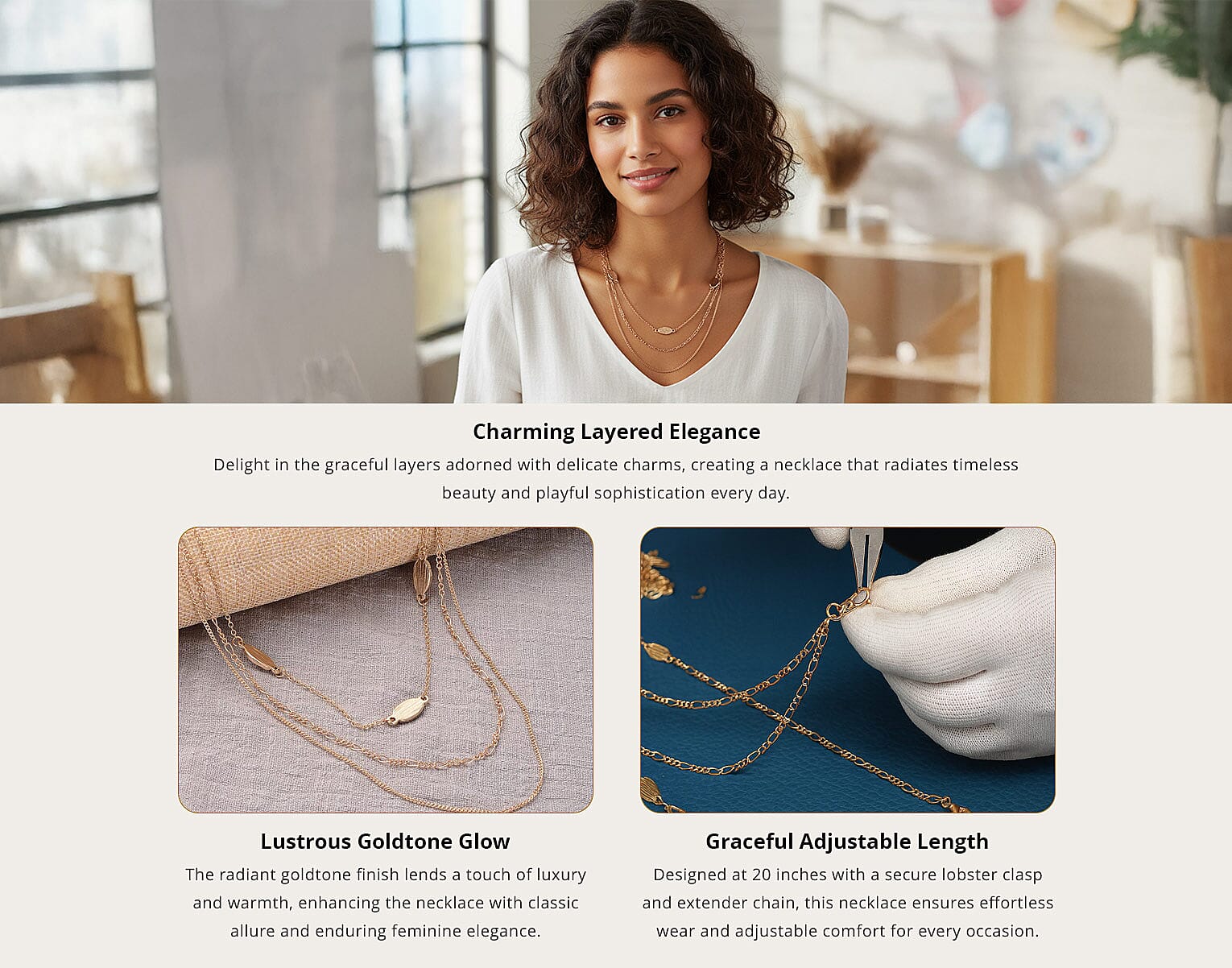 Multi Layered Necklace 20 Inches with Charms in Goldtone Banner