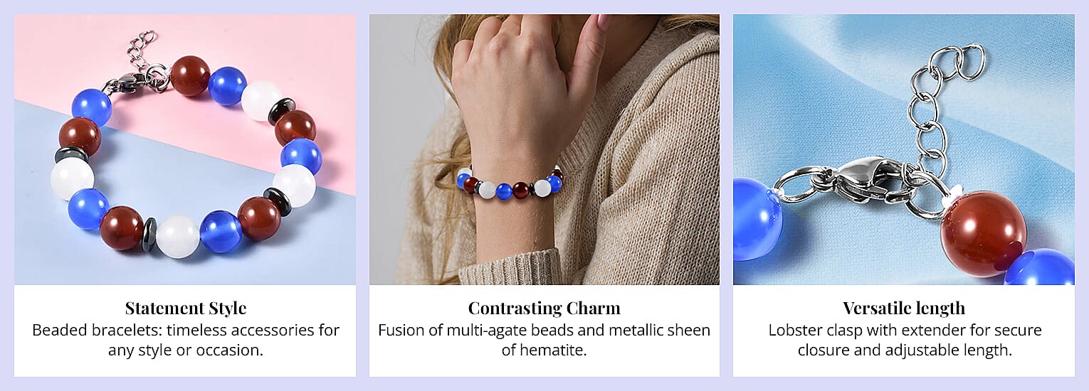 Multi Agate and Hematite Beaded Bracelet in Stainless Steel Banner