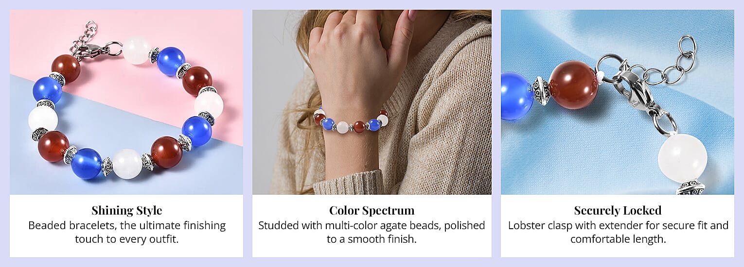 Multi Agate Beaded Bracelet in Silvertone & Stainless Steel Banner