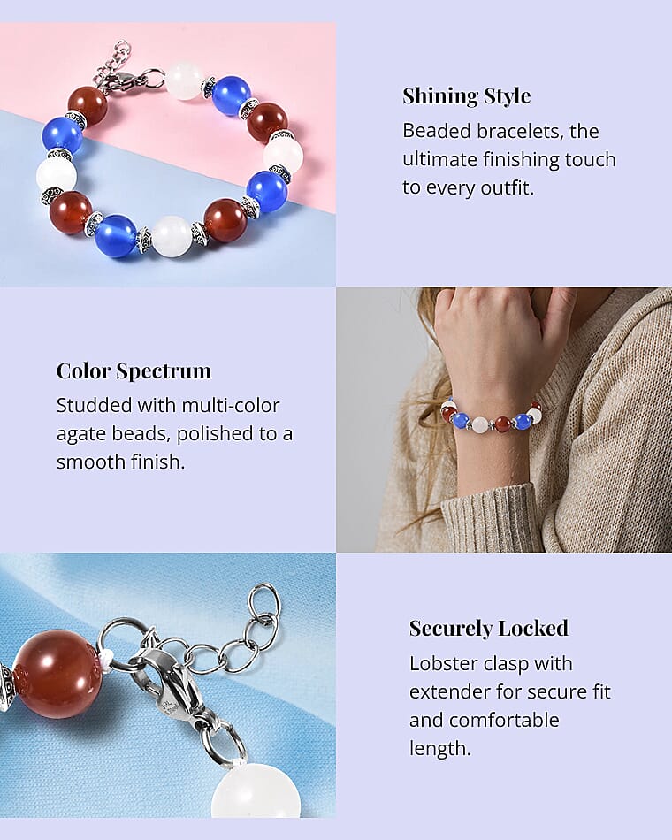 Multi Agate Beaded Bracelet in Silvertone & Stainless Steel Banner