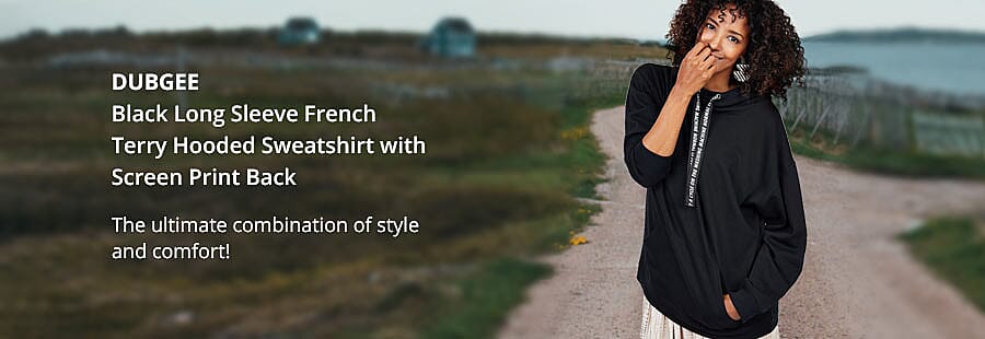 DUBGEE Black Long Sleeve French Terry Hooded Sweatshirt with Screen Print Back Banner