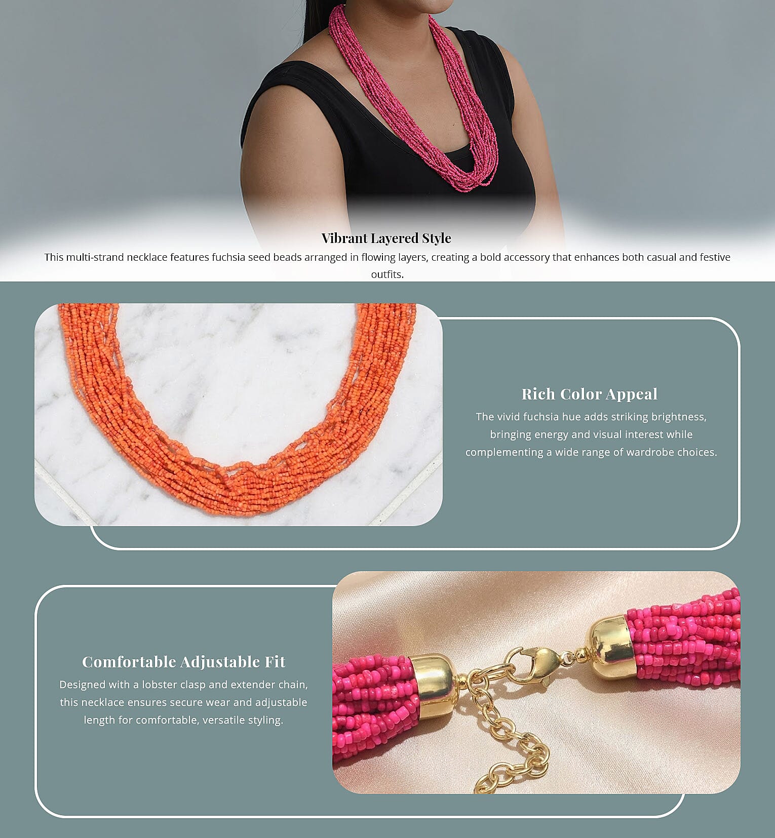 Fuchsia Seed Beaded Multi Strand Necklace (24 Inches) in Goldtone Banner