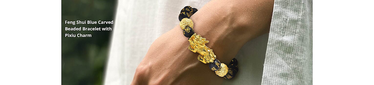 Feng Shui Blue Carved Beaded Bracelet with Pixiu Charm Banner