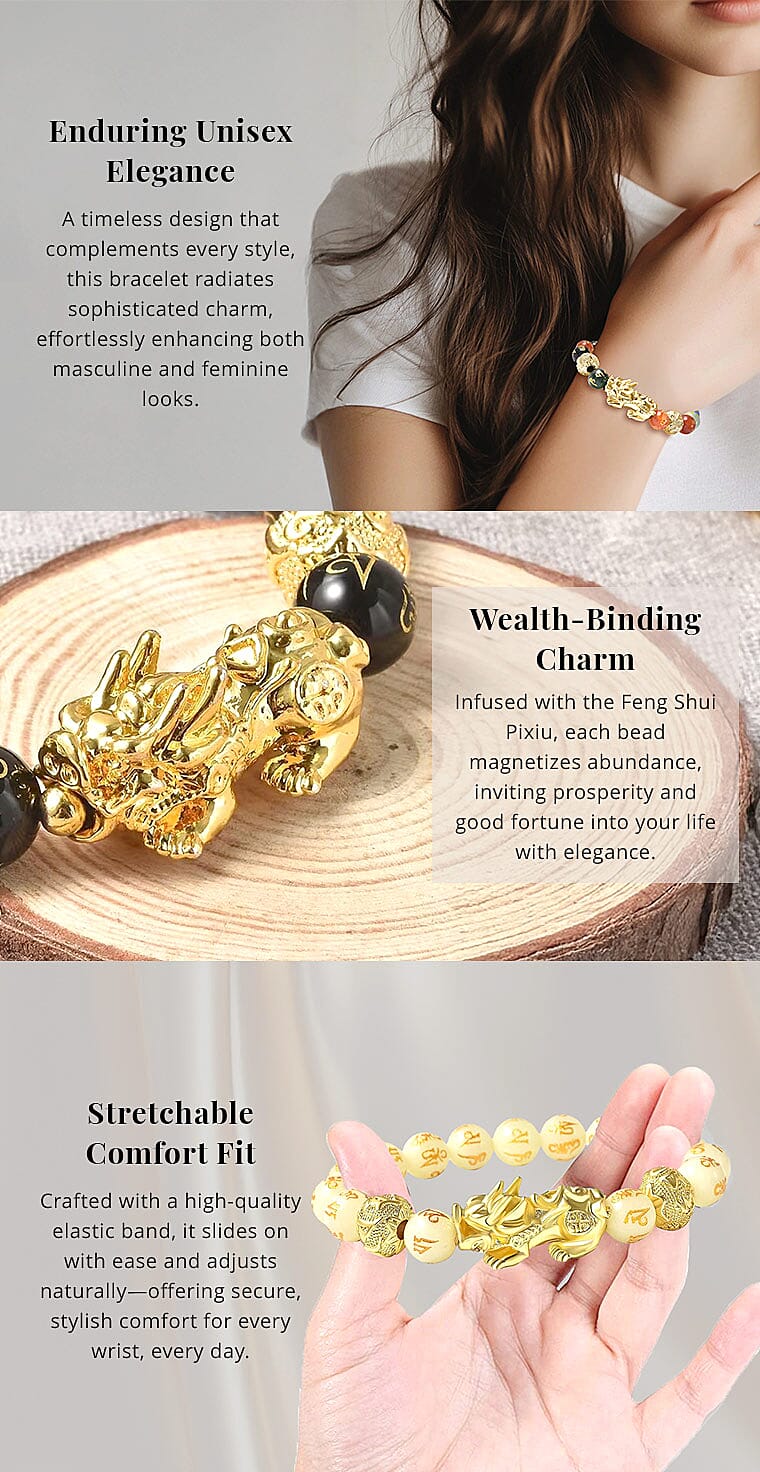 Feng Shui Pixiu Charm Black Obsidian Carved Beads Stretch Bracelet in Goldtone Banner