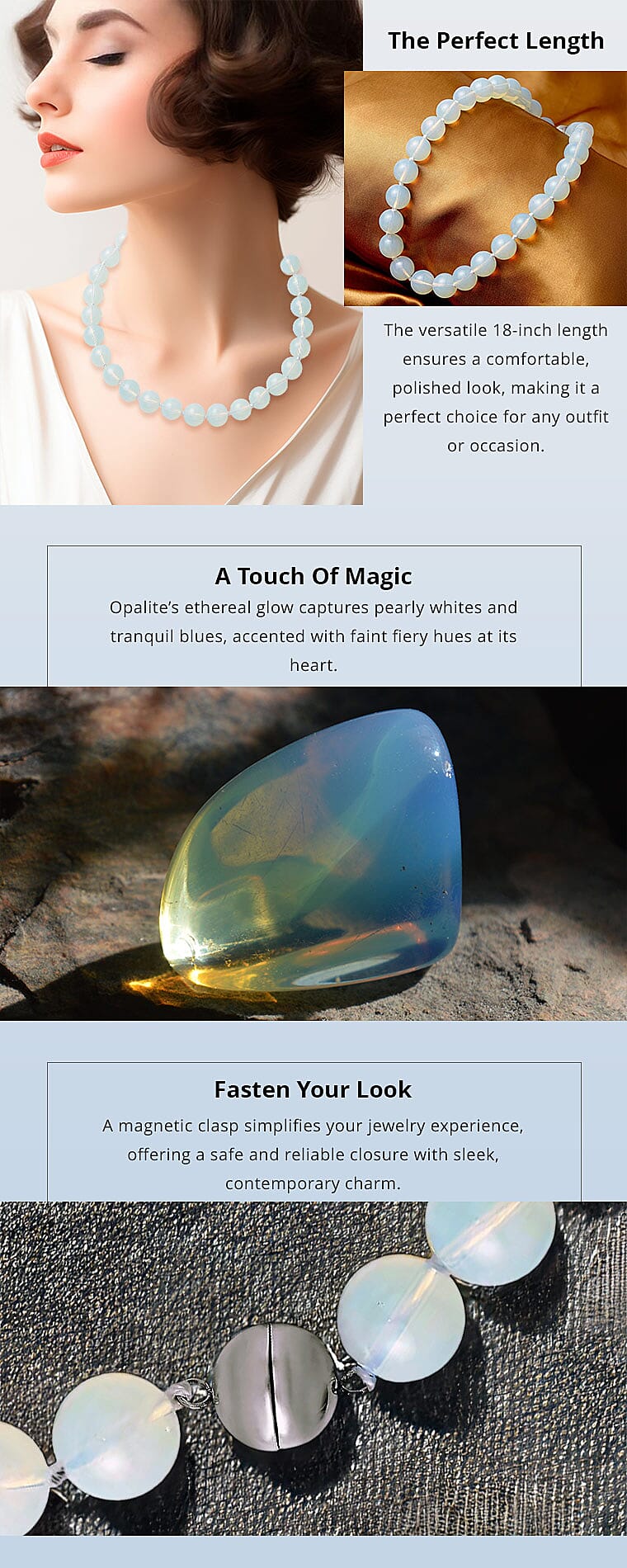 Opalite 13-15mm Beaded Necklace 18 Inches in Silvertone Banner